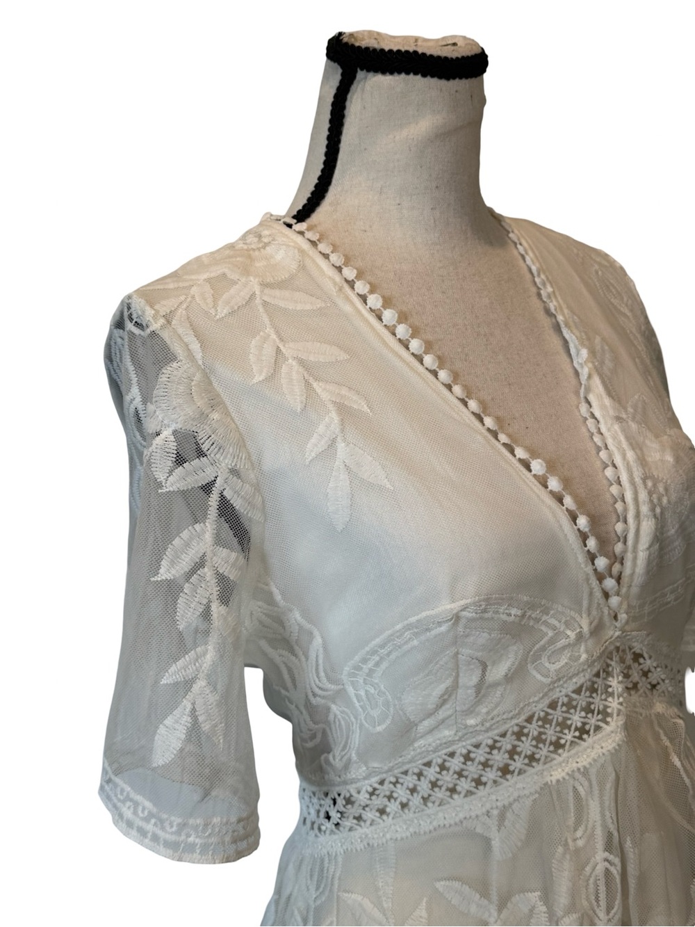 Boho White Embroidered Lace Maxi Dress Sheer Mesh Overlay Cottagecore Medium - Picture 10 of 13